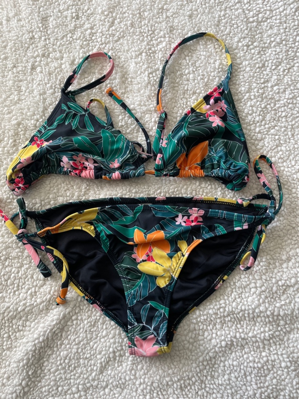 Old Navy Black Tropical Floral Bikini Top Bottowith Green, Pink & Yellow Accents